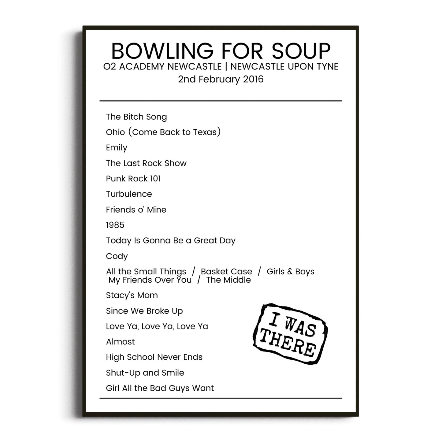 Bowling for Soup Newcastle upon Tyne 02 February 2016 Setlist Poster