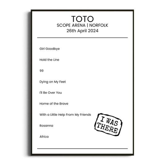 Toto Norfolk 26 April 2024 Setlist Poster