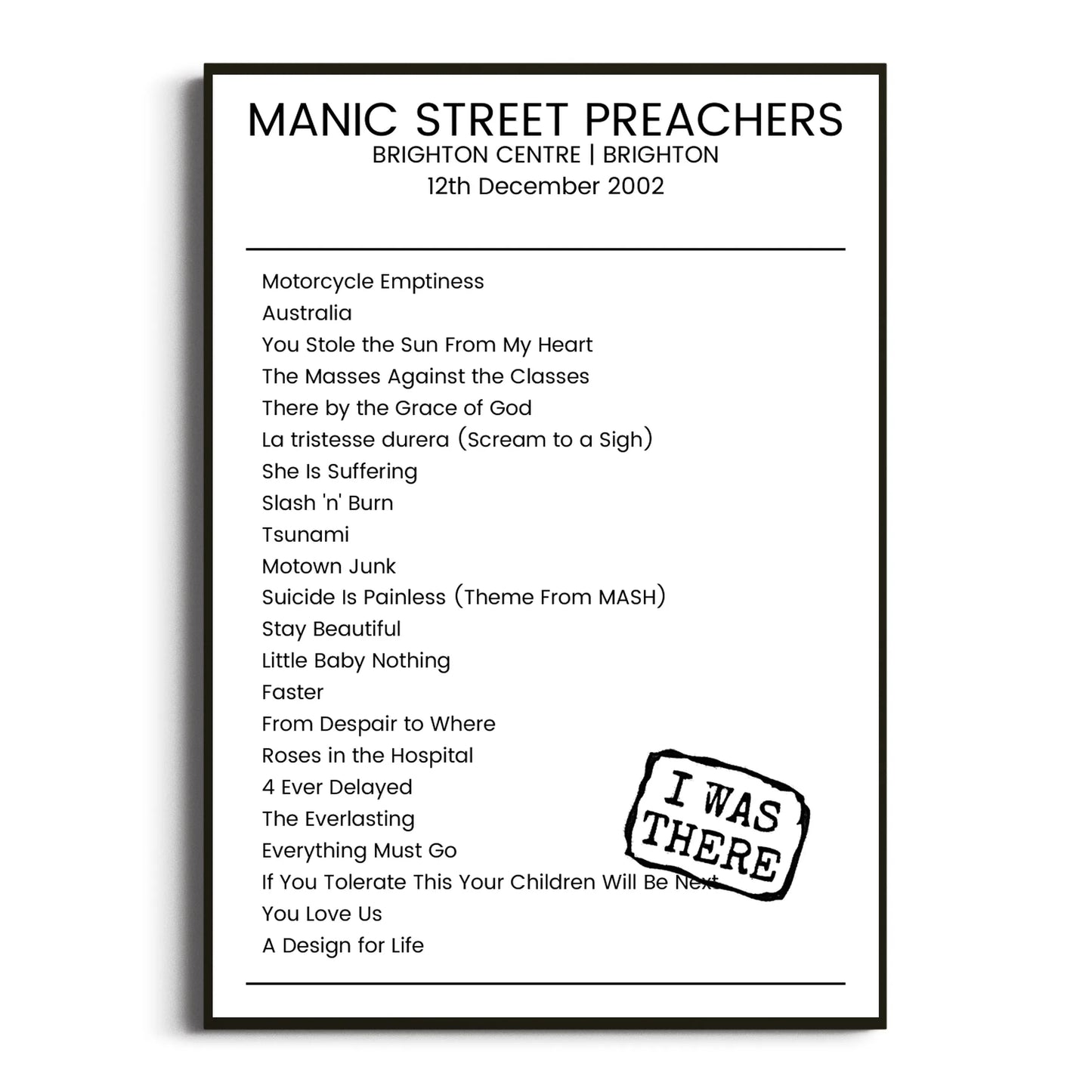 Manic Street Preachers Brighton 12 December 2002 Setlist Poster