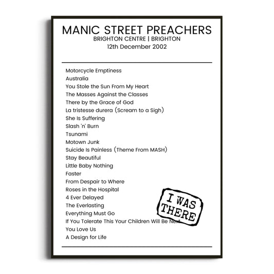 Manic Street Preachers Brighton 12 December 2002 Setlist Poster