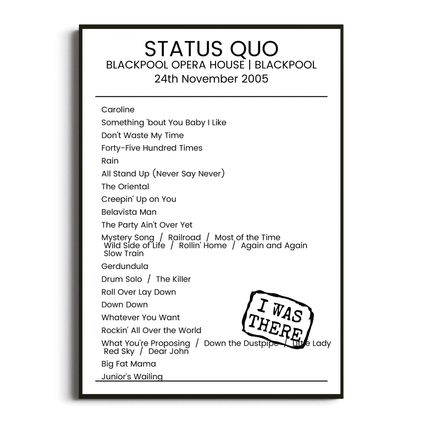 Status Quo Blackpool 24 November 2005 Setlist Poster