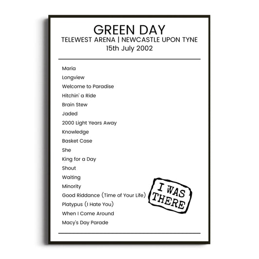 Green Day Newcastle upon Tyne 15 July 2002 Setlist Poster