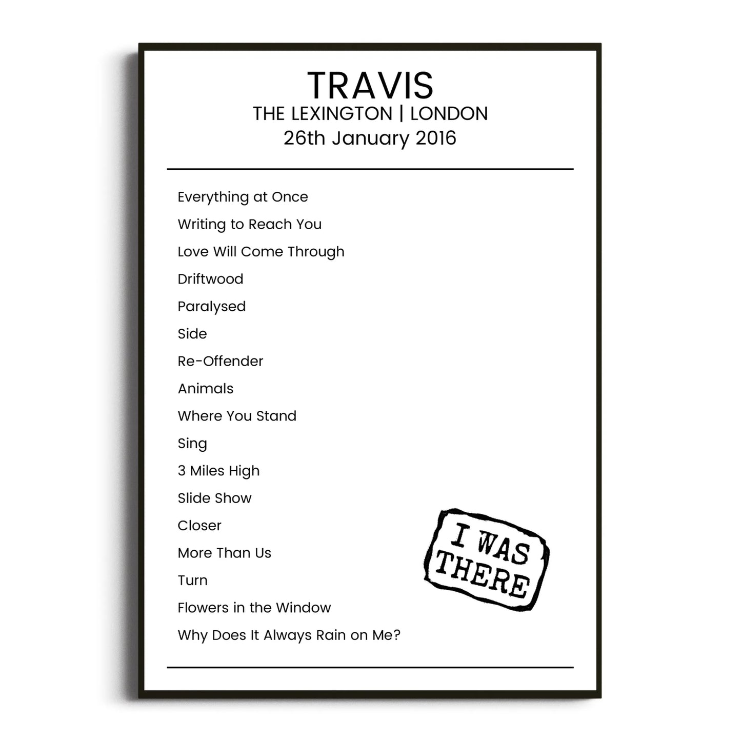 Travis London 26 January 2016 Setlist Poster