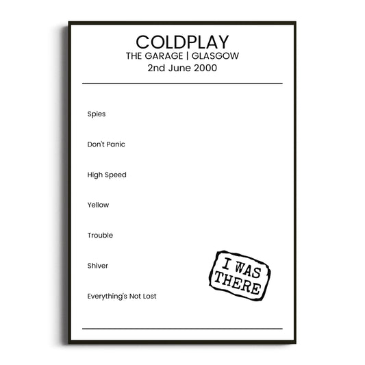 Coldplay Glasgow 02 June 2000 Setlist Poster