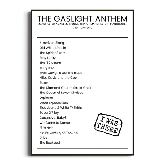 The Gaslight Anthem Manchester 24 June 2010 Setlist Poster