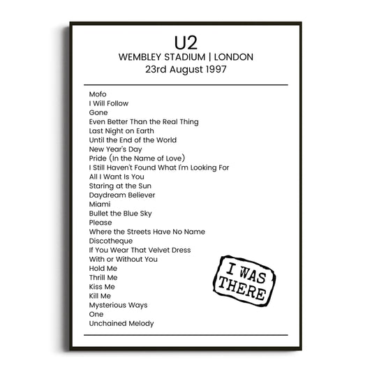 U2 London 23 August 1997 Setlist Poster