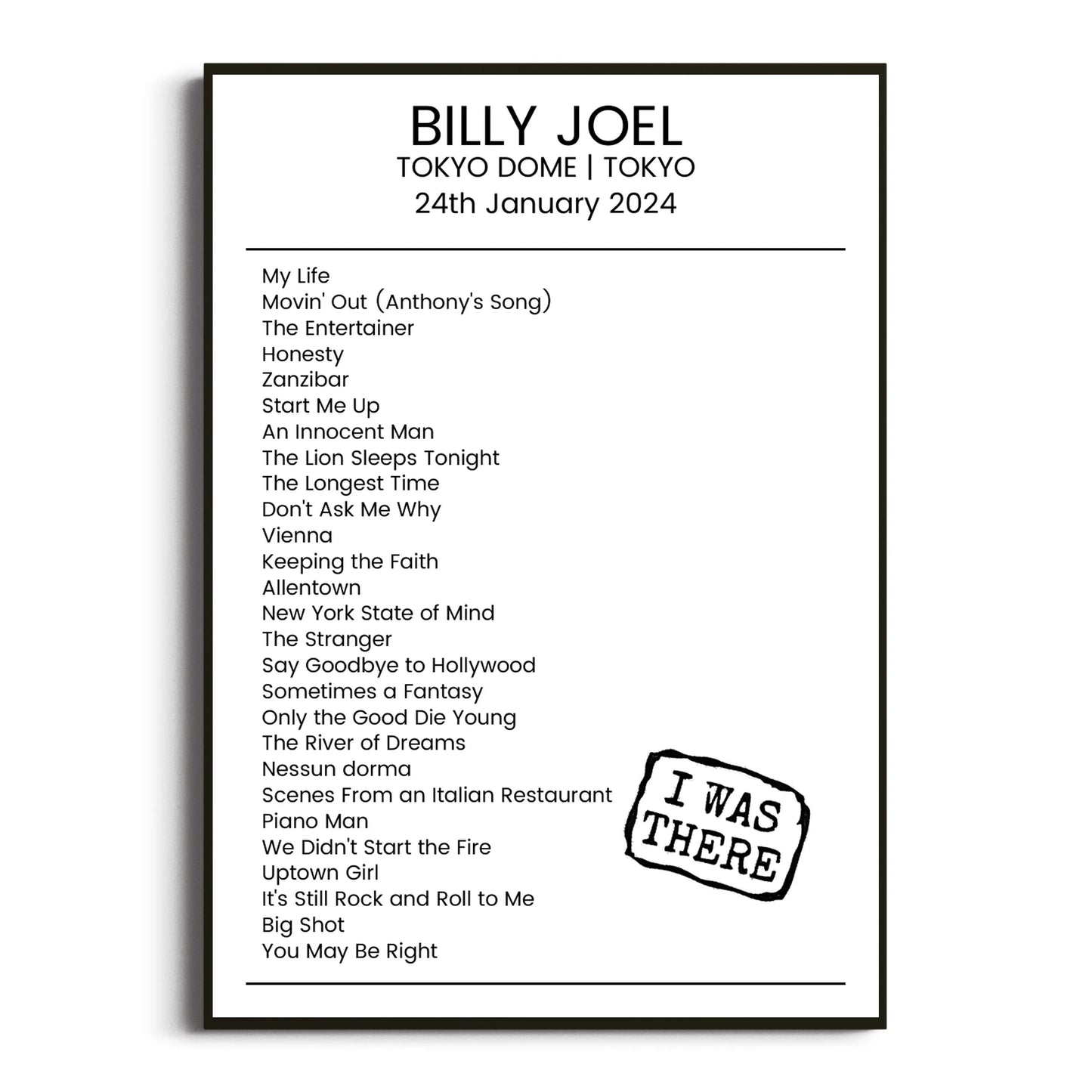 Billy Joel Tokyo 24 January 2024 Setlist Poster