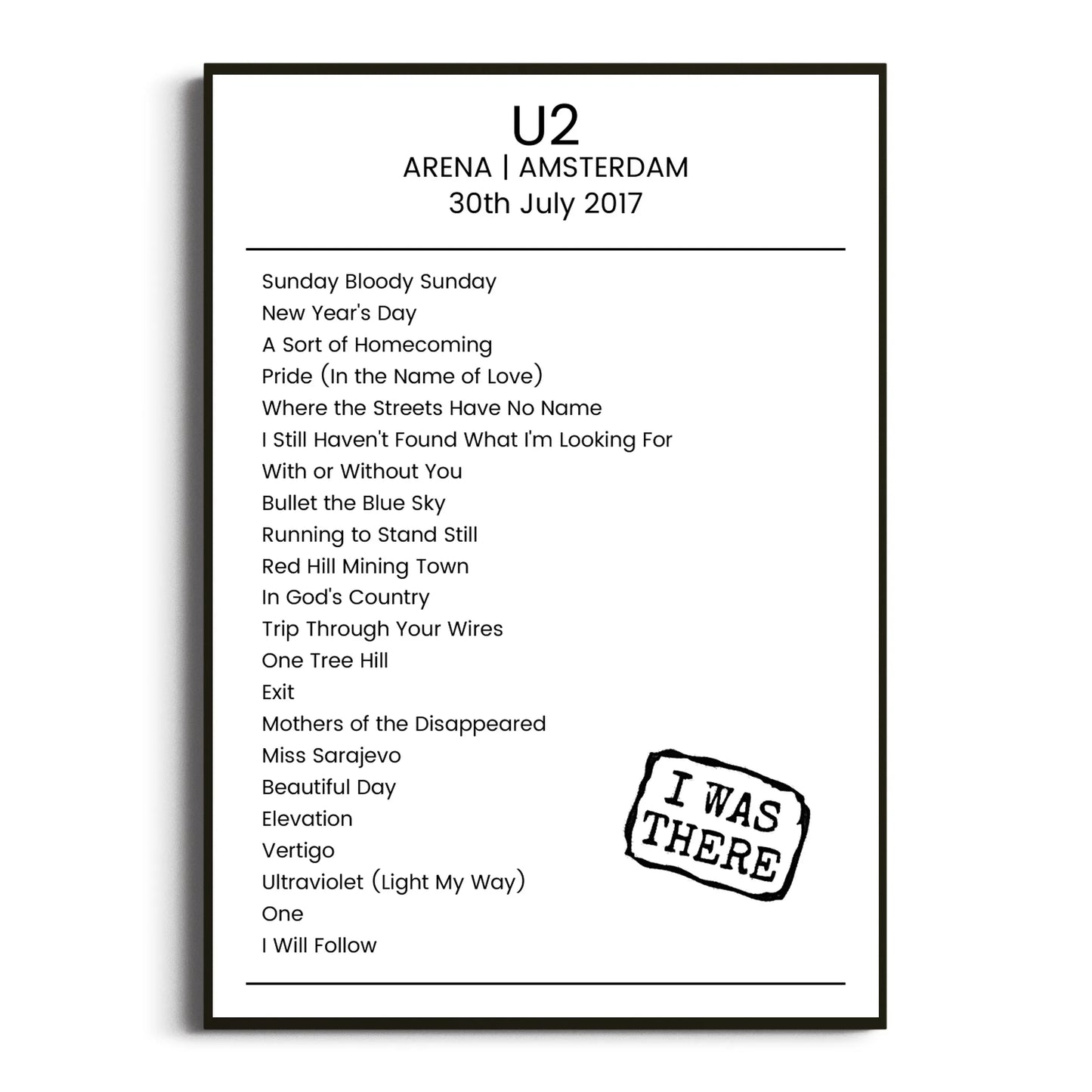 U2 Amsterdam 30 July 2017 Setlist Poster