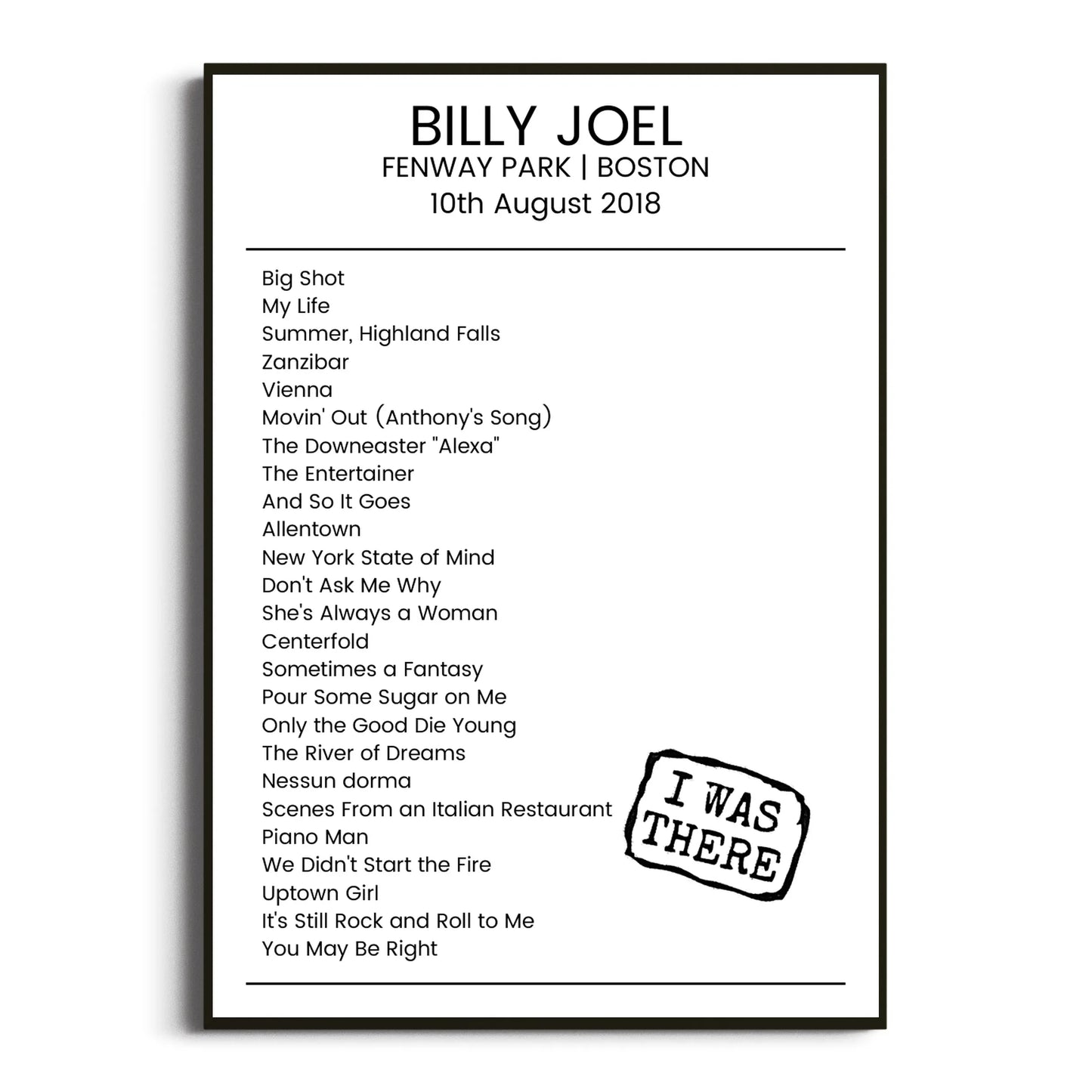 Billy Joel Boston 10 August 2018 Setlist Poster