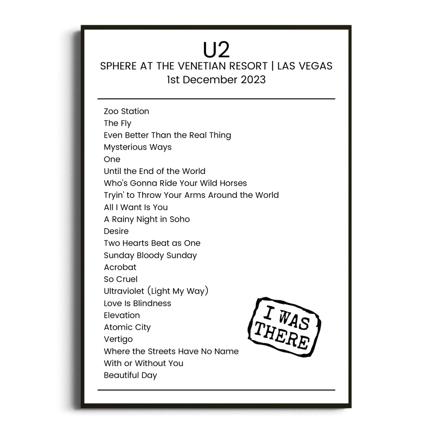 U2 Las Vegas 01 December 2023 Setlist Poster