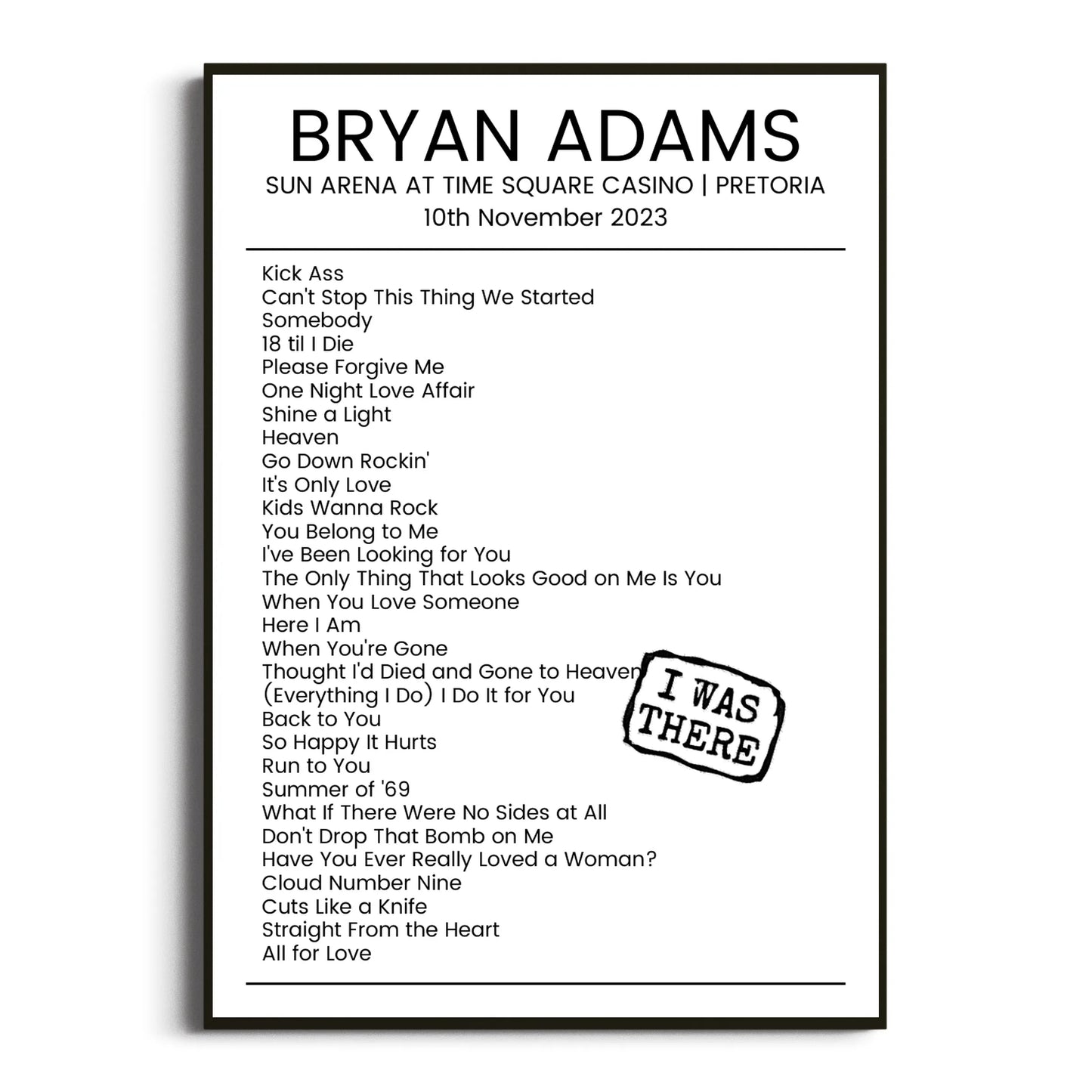 Bryan Adams Pretoria 10 November 2023 Setlist Poster