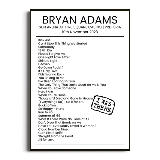 Bryan Adams Pretoria 10 November 2023 Setlist Poster