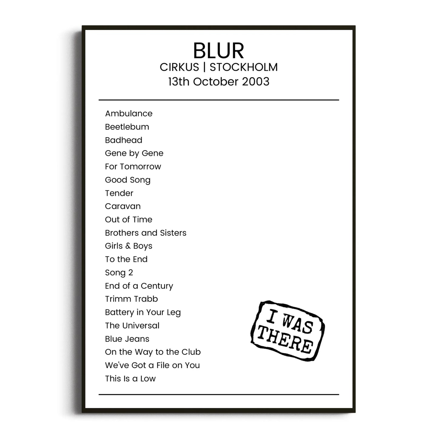 Blur Stockholm 13 October 2003 Setlist Poster