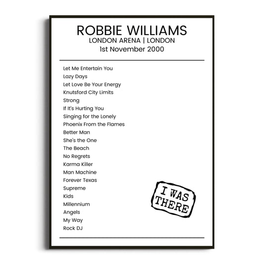 Robbie Williams London 01 November 2000 Setlist Poster