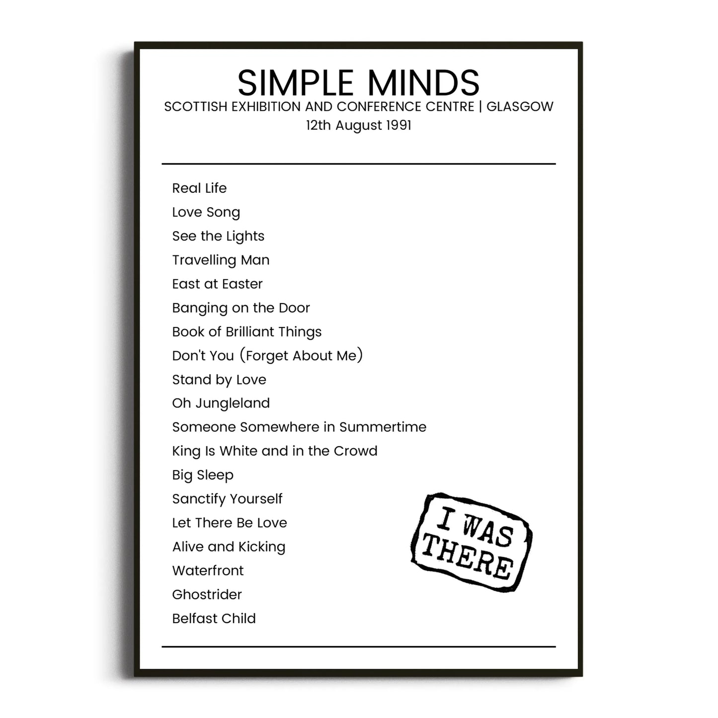 Simple Minds Glasgow 12 August 1991 Setlist Poster