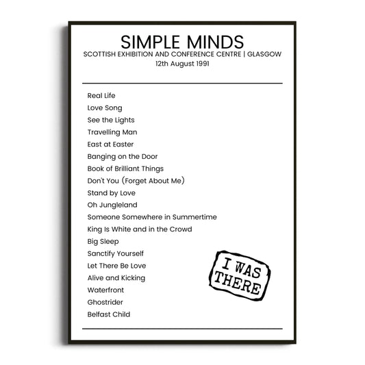 Simple Minds Glasgow 12 August 1991 Setlist Poster