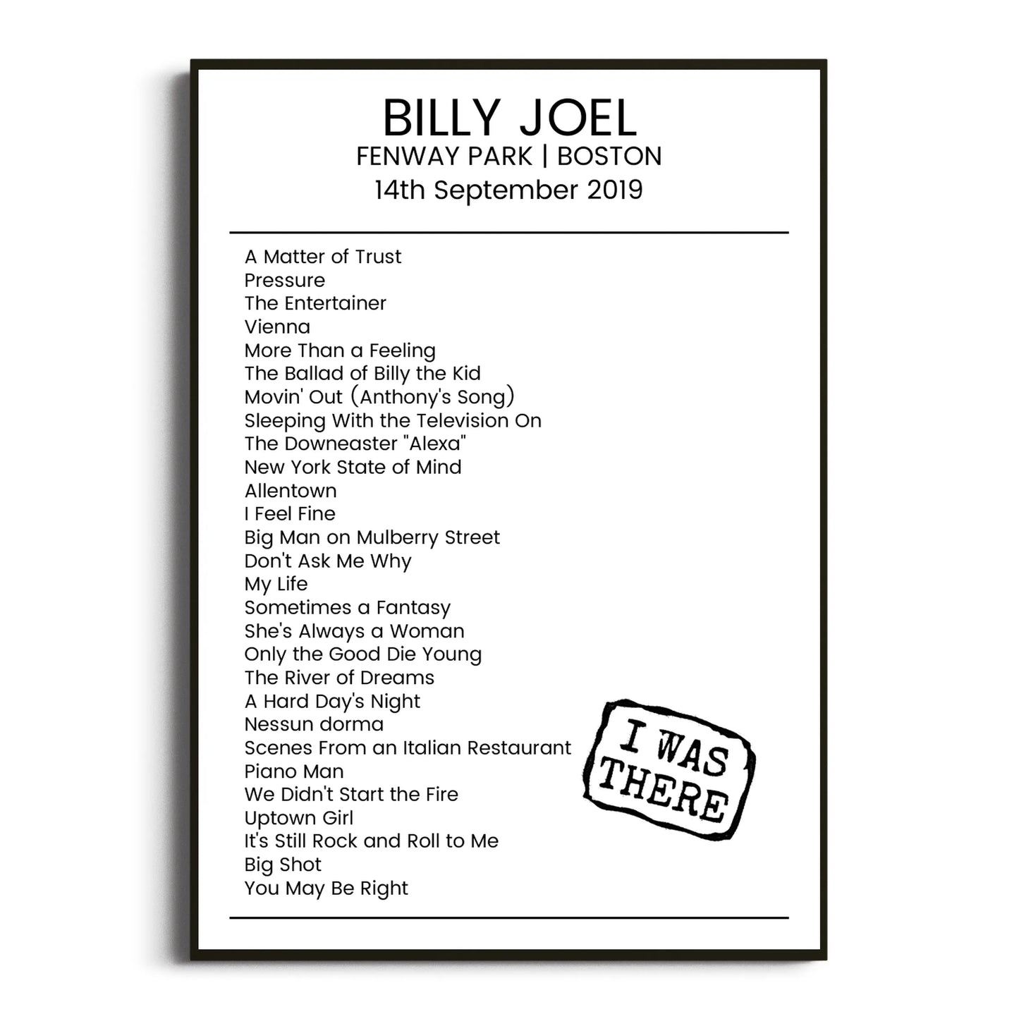 Billy Joel Boston 14 September 2019 Setlist Poster