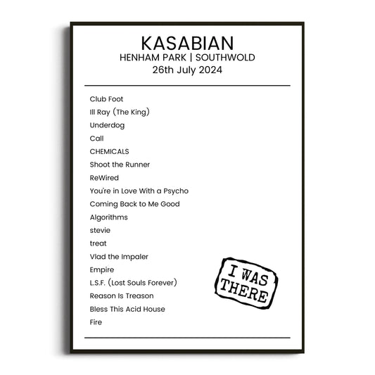 Kasabian Southwold 26 July 2024 Setlist Poster