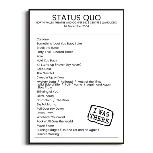 Status Quo Llandudno 01 December 2004 Setlist Poster