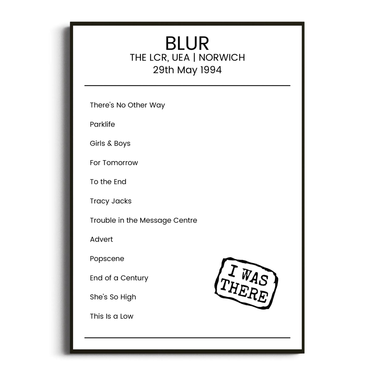 Blur Norwich 29 May 1994 Setlist Poster