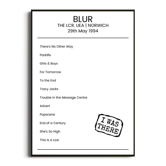 Blur Norwich 29 May 1994 Setlist Poster