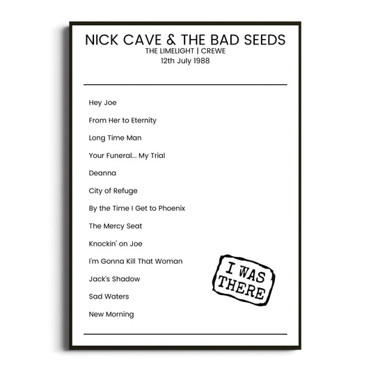 Nick Cave & the Bad Seeds Crewe 12 July 1988 Setlist Poster