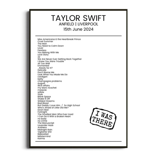 Taylor Swift Liverpool 15 June 2024 Setlist Poster