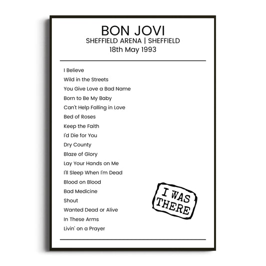 Bon Jovi Sheffield 18 May 1993 Setlist Poster