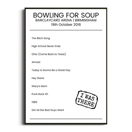 Bowling for Soup Birmingham 19 October 2016 Setlist Poster