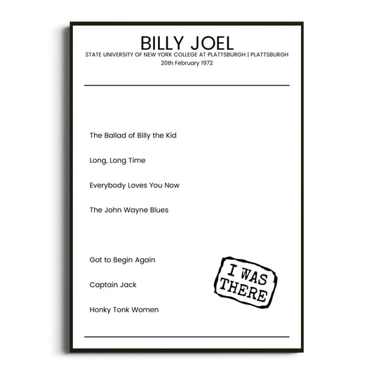 Billy Joel Plattsburgh 20 February 1972 Setlist Poster