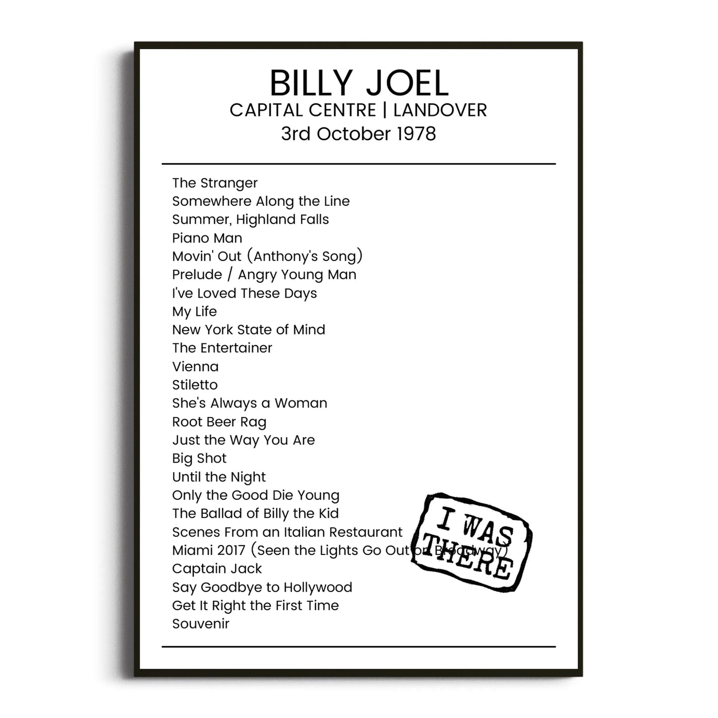 Billy Joel Landover 03 October 1978 Setlist Poster