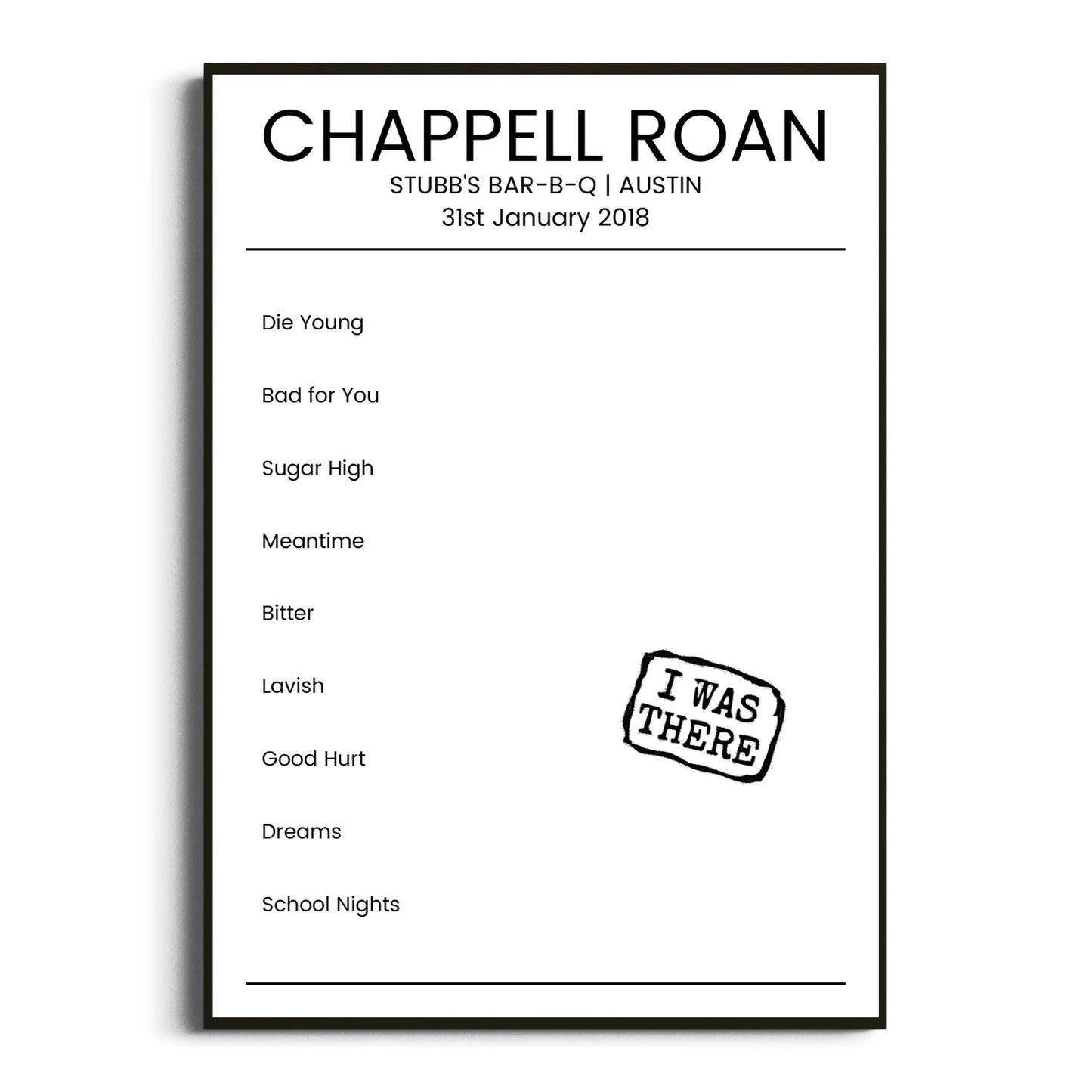 Chappell Roan Austin 31 January 2018 Setlist Poster