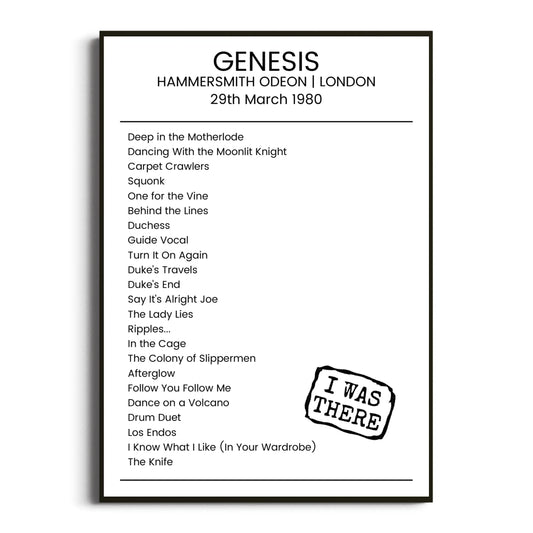 Genesis London 29 March 1980 Setlist Poster