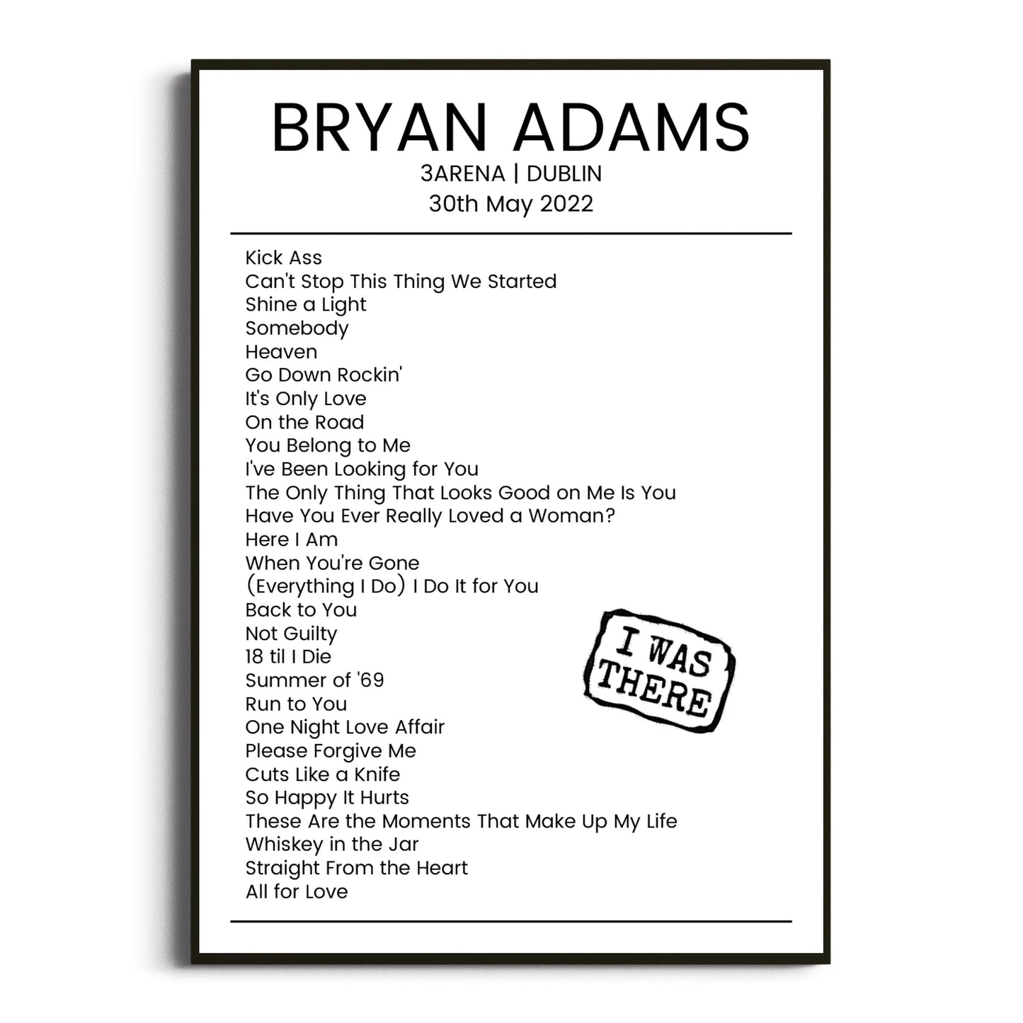 Bryan Adams Dublin 30 May 2022 Setlist Poster