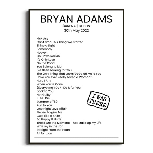 Bryan Adams Dublin 30 May 2022 Setlist Poster