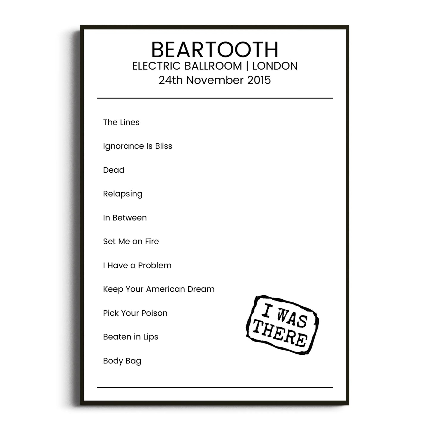 Beartooth London 24 November 2015 Setlist Poster