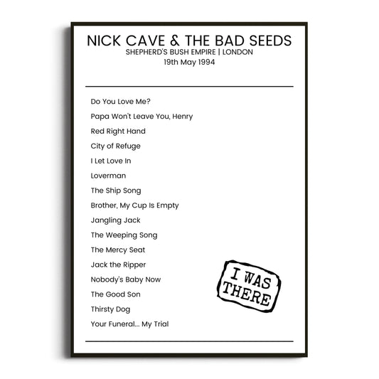 Nick Cave & the Bad Seeds London 19 May 1994 Setlist Poster