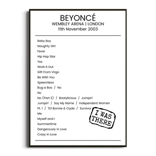 Beyoncé London 11 November 2003 Setlist Poster