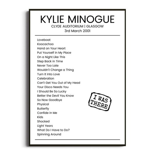 Kylie Minogue Glasgow 03 March 2001 Setlist Poster