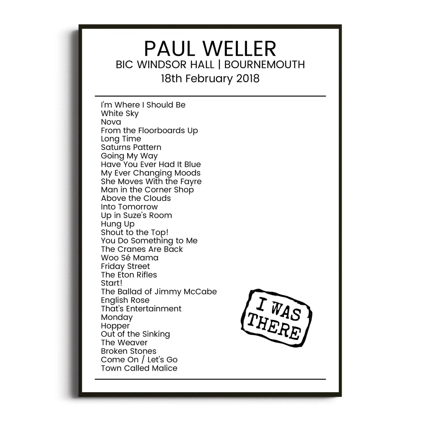 Paul Weller Bournemouth 18 February 2018 Setlist Poster