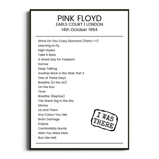 Pink Floyd London 14 October 1994 Setlist Poster