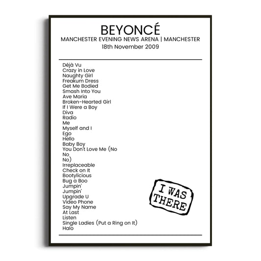 Beyoncé Manchester 18 November 2009 Setlist Poster