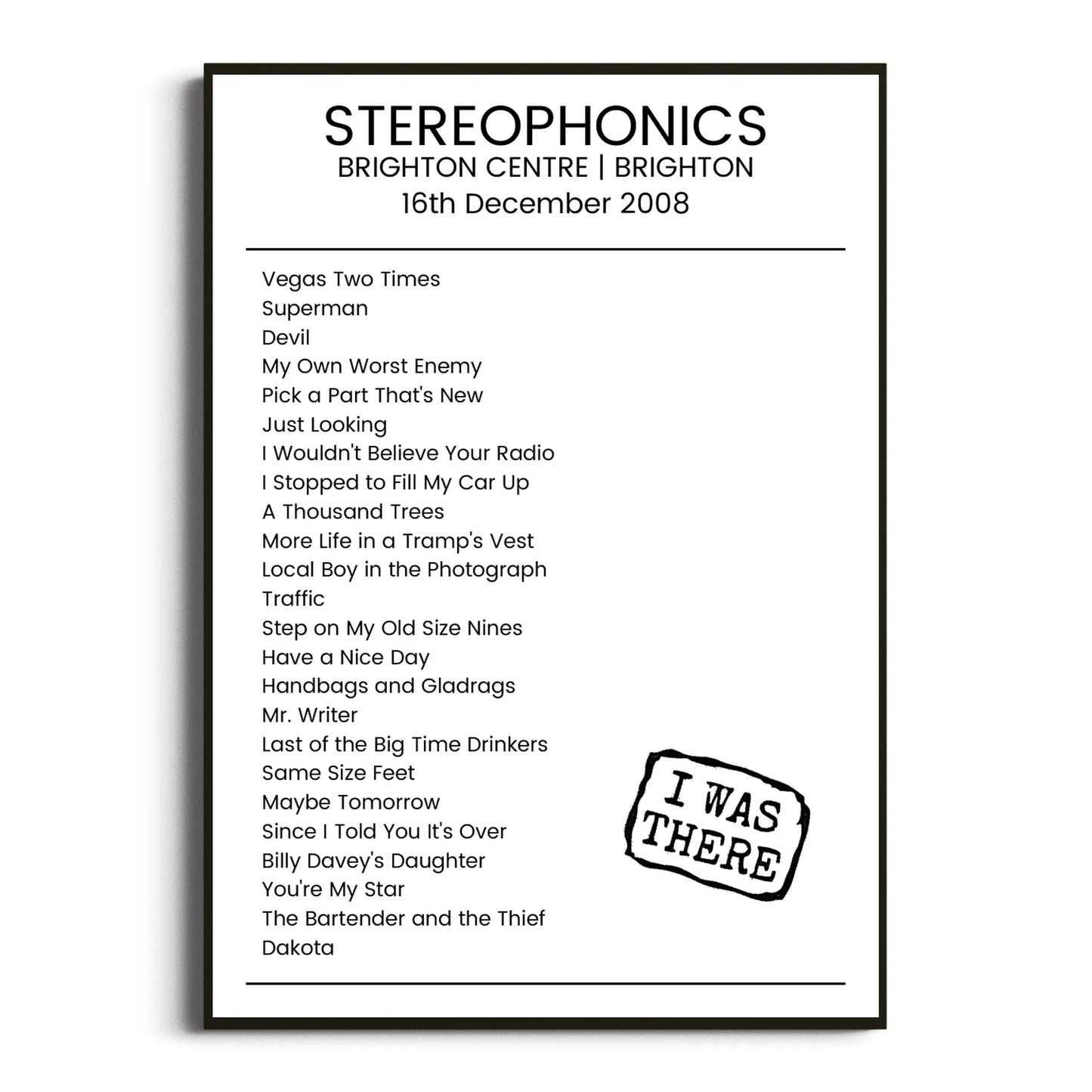 Stereophonics Brighton 16 December 2008 Setlist Poster