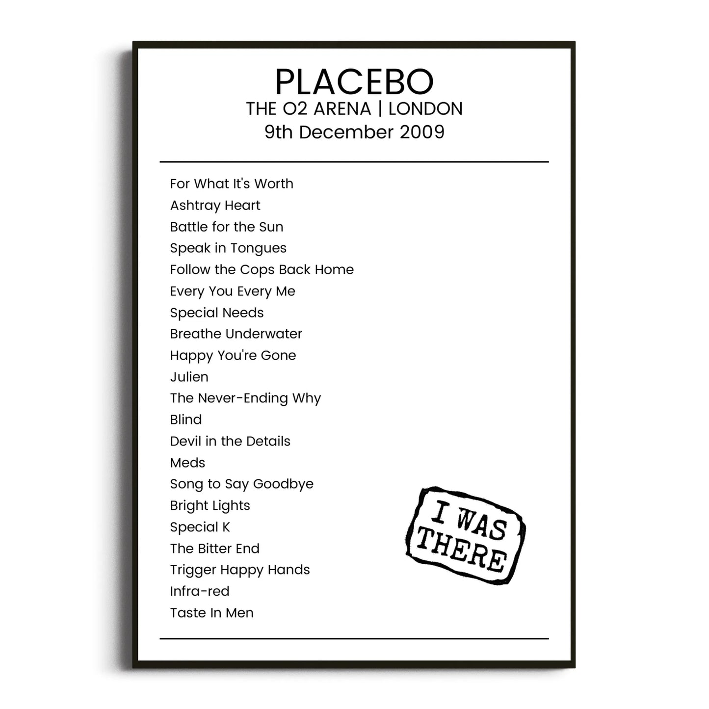 Placebo London 09 December 2009 Setlist Poster