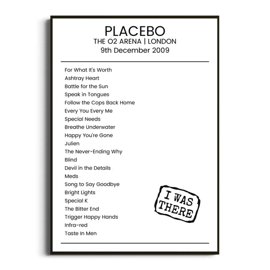 Placebo London 09 December 2009 Setlist Poster