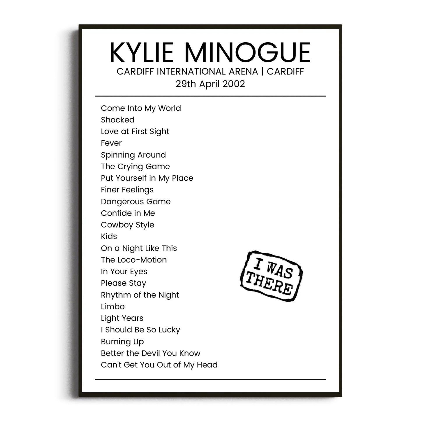 Kylie Minogue Cardiff 29 April 2002 Setlist Poster