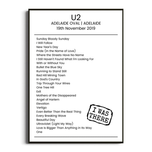 U2 Adelaide 19 November 2019 Setlist Poster