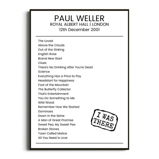 Paul Weller London 12 December 2001 Setlist Poster