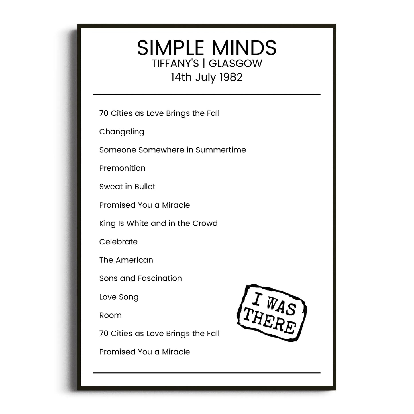 Simple Minds Glasgow 14 July 1982 Setlist Poster