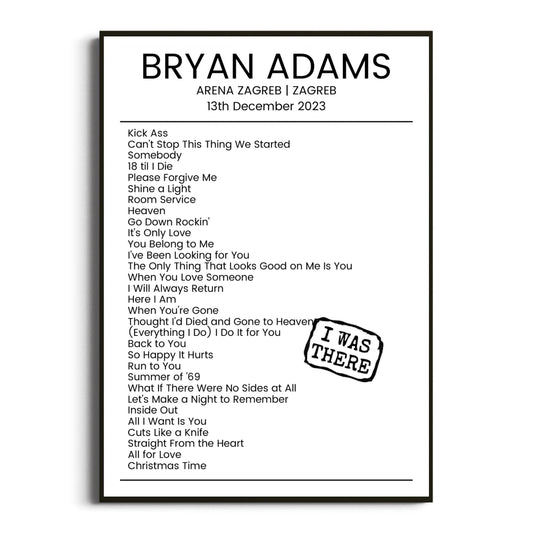 Bryan Adams Zagreb 13 December 2023 Setlist Poster